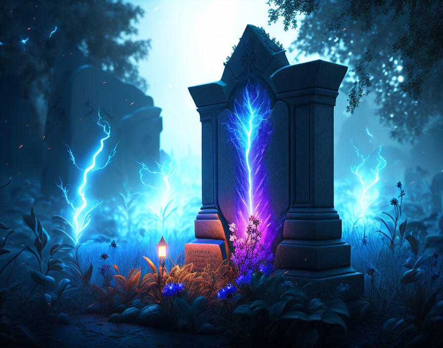 Ethereal blue glow in mystical graveyard scene at night