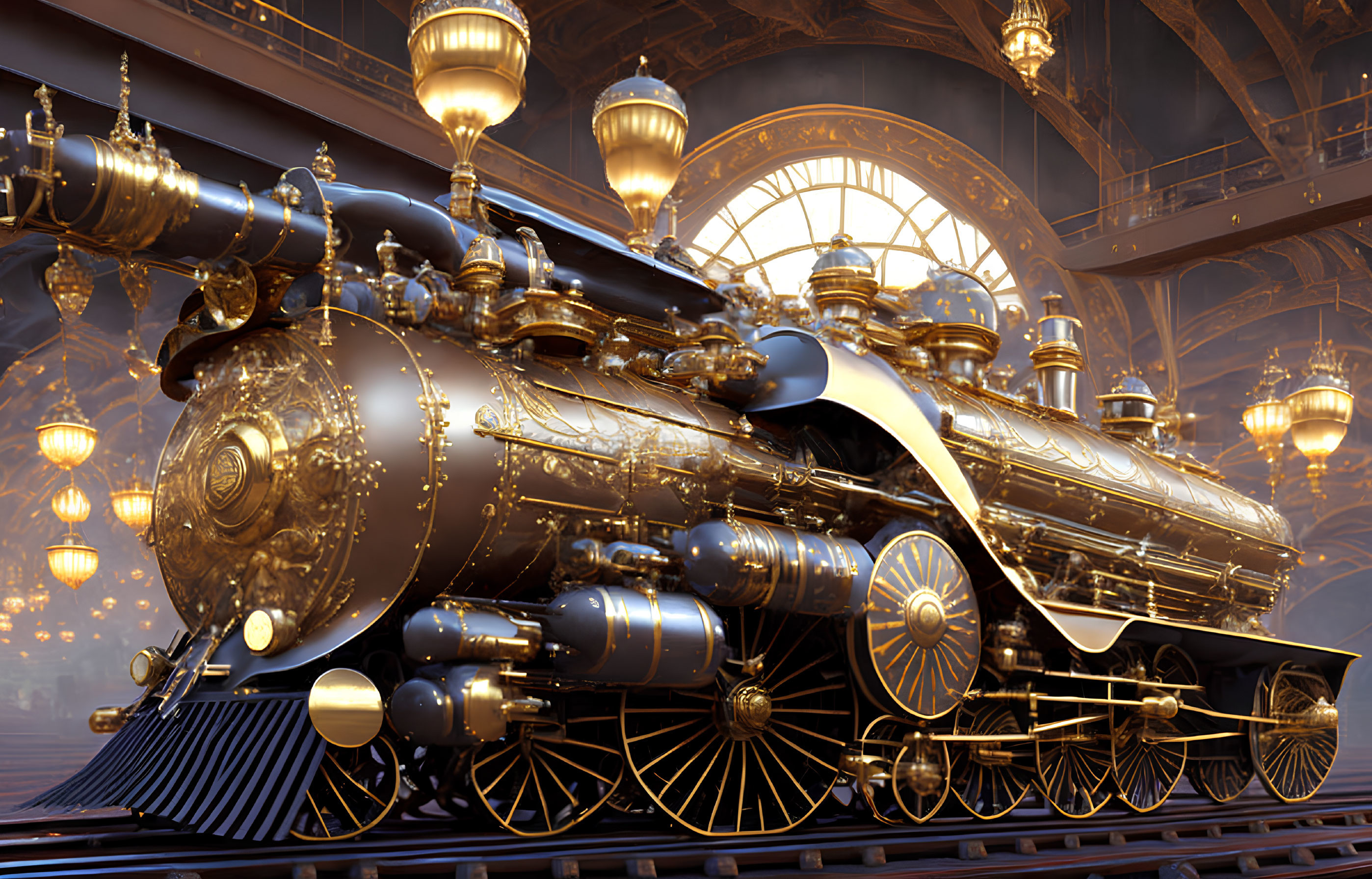 Ornate Steampunk Train Station with Vintage Gold-Detailed Train