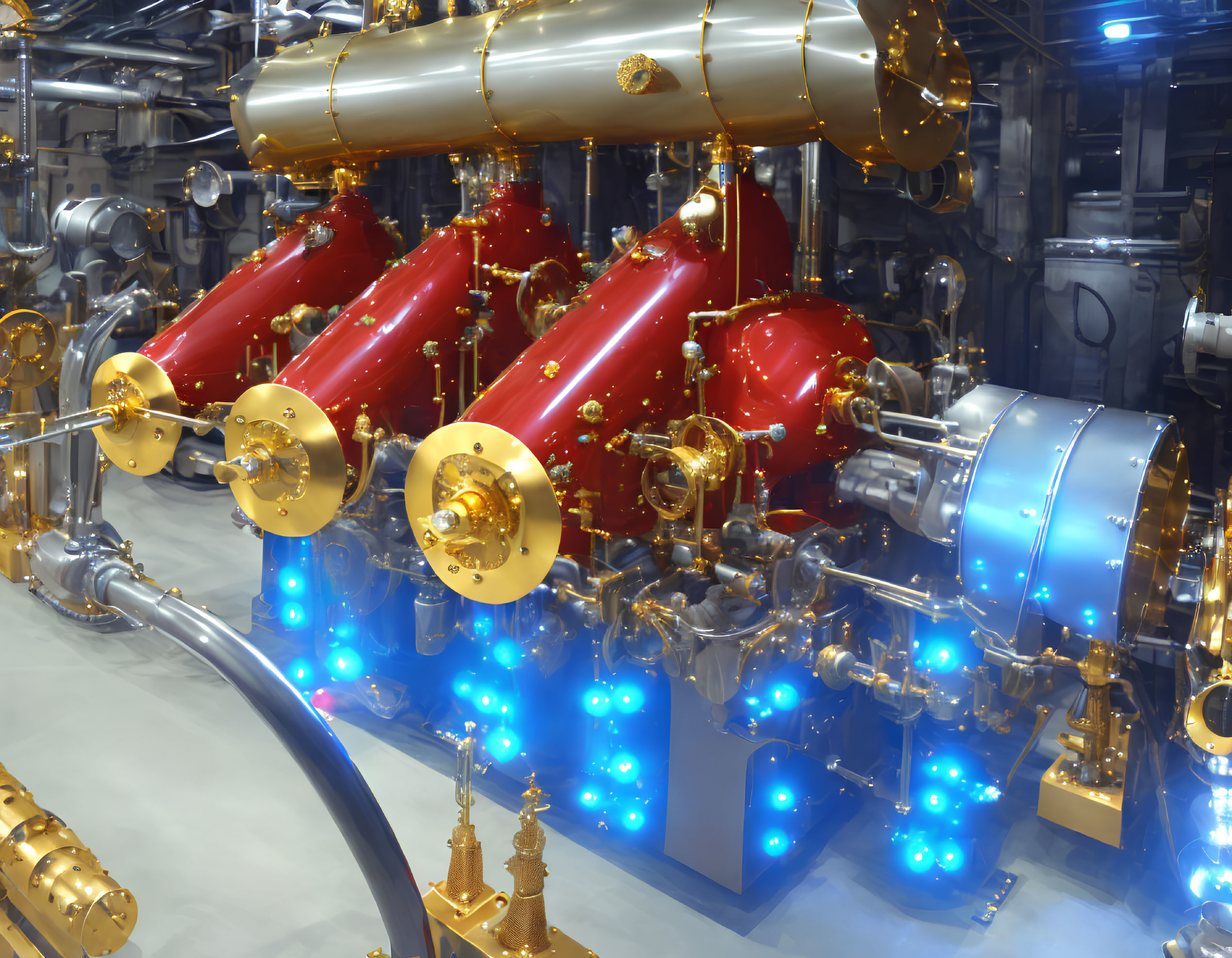 Sophisticated industrial setup with red cylinders, golden pipes, and blue illuminated machinery.