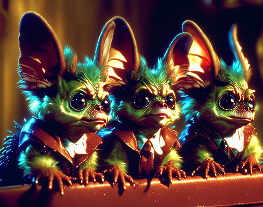 Three gremlin creatures in suits with large ears and expressive eyes under warm, dramatic backlighting