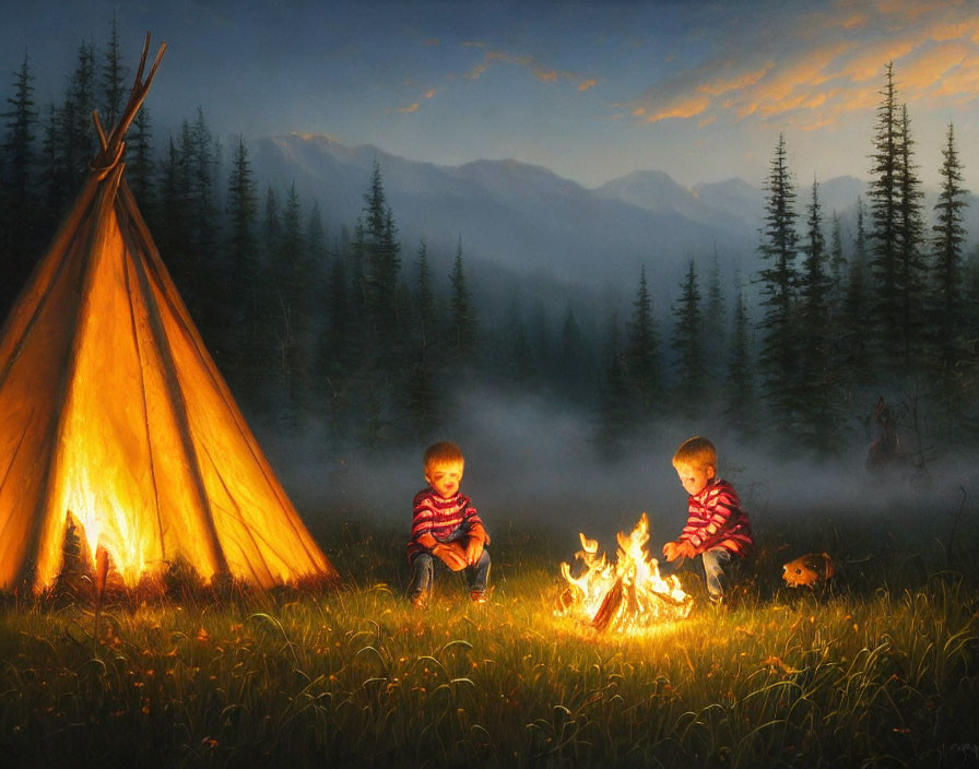 Children by campfire near teepee in twilight forest clearing.
