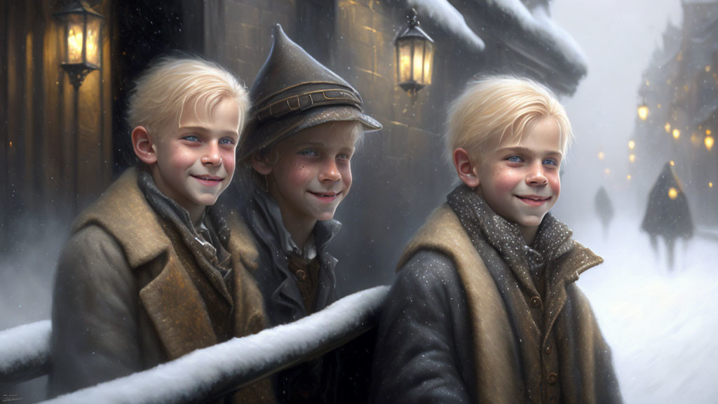 Vintage Winter Scene: Three Boys Smiling by Snowy Street