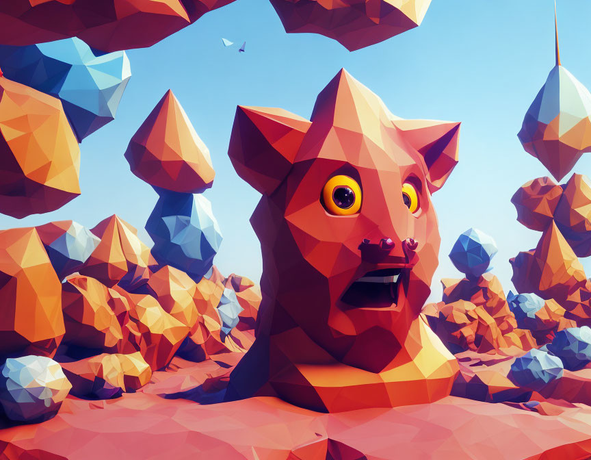 Vivid low-poly fox art in abstract geometric landscape