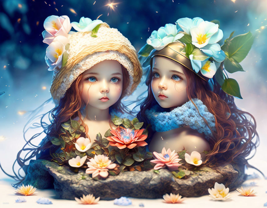 Detailed dolls among flowers and foliage create magical scene.