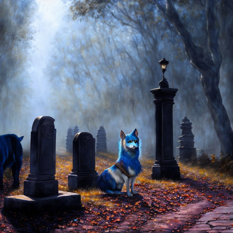 Blue wolf in misty graveyard with autumn leaves and shadow wolf
