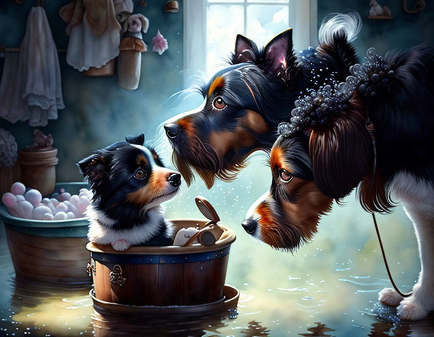 Two Dogs and a Puppy Bathe with Rubber Duck in Vintage Bathroom