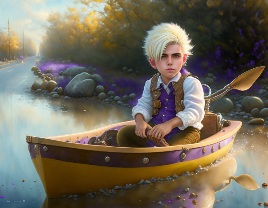 Stylized young boy with blond hair in boat-shaped like eggshell in mystical landscape