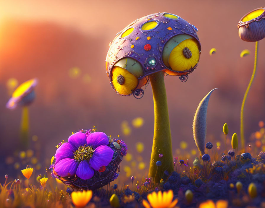 Colorful digital artwork: Mushroom with eye patterns in fantastical floral setting