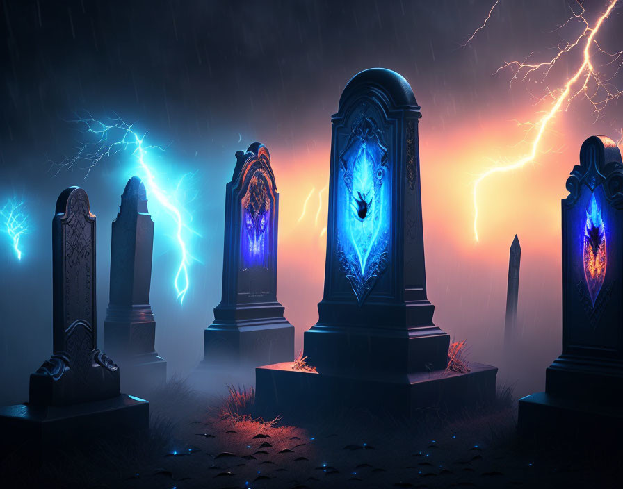 Eerie graveyard scene with glowing tombstones under stormy sky