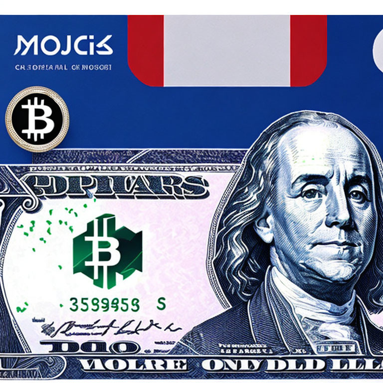 Collage featuring US dollar bill with Benjamin Franklin alongside Bitcoin and Cash App symbols