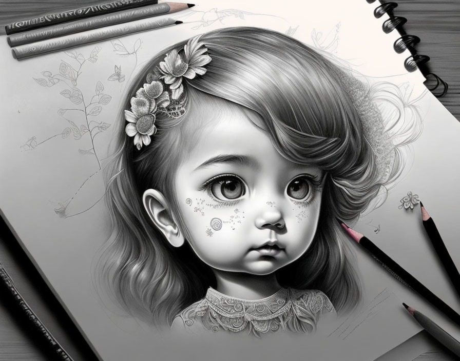 Detailed pencil sketch of young girl with floral hair, expressive eyes, and whimsical facial decorations