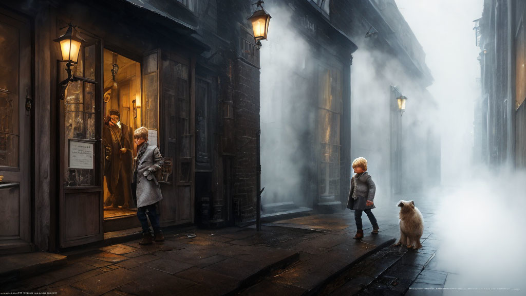 Children, dog, misty cobblestone street, vintage lampposts, quaint shop