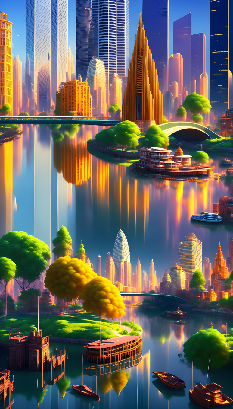 Futuristic cityscape with skyscrapers, parks, river, boats, and blue sky