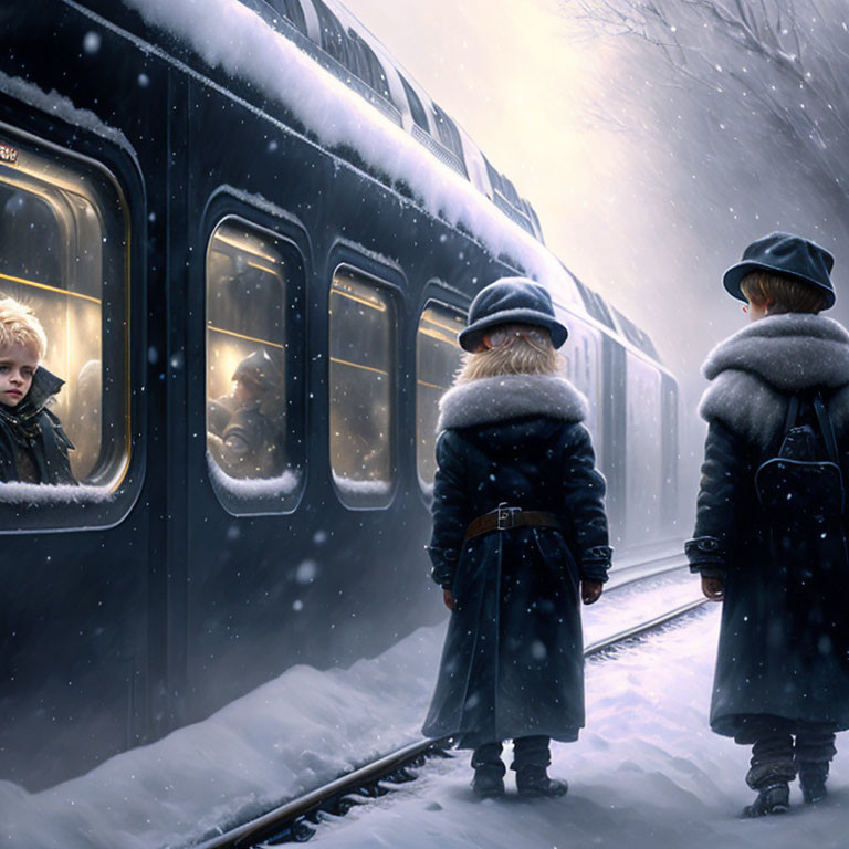 Children in winter coats on snowy train platform watching train in falling snowflakes