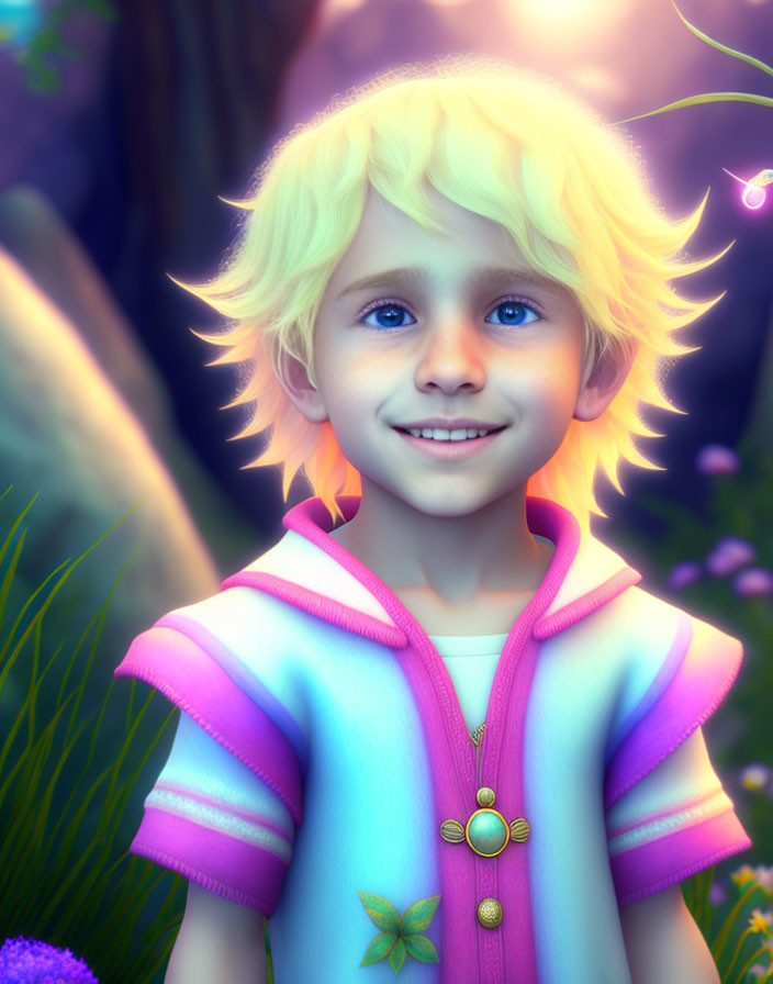 Digital artwork: Smiling child with blond hair in pink and blue hoodie in magical forest glow