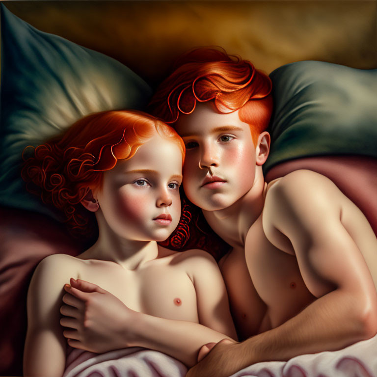 Red-Haired Boy and Girl Lying Together on Pillows in Warm Light