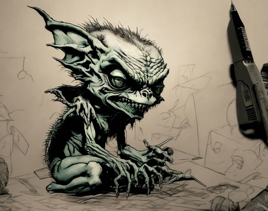 Detailed black and white sketch of menacing goblin-like creature with sharp teeth and large ears on paper with