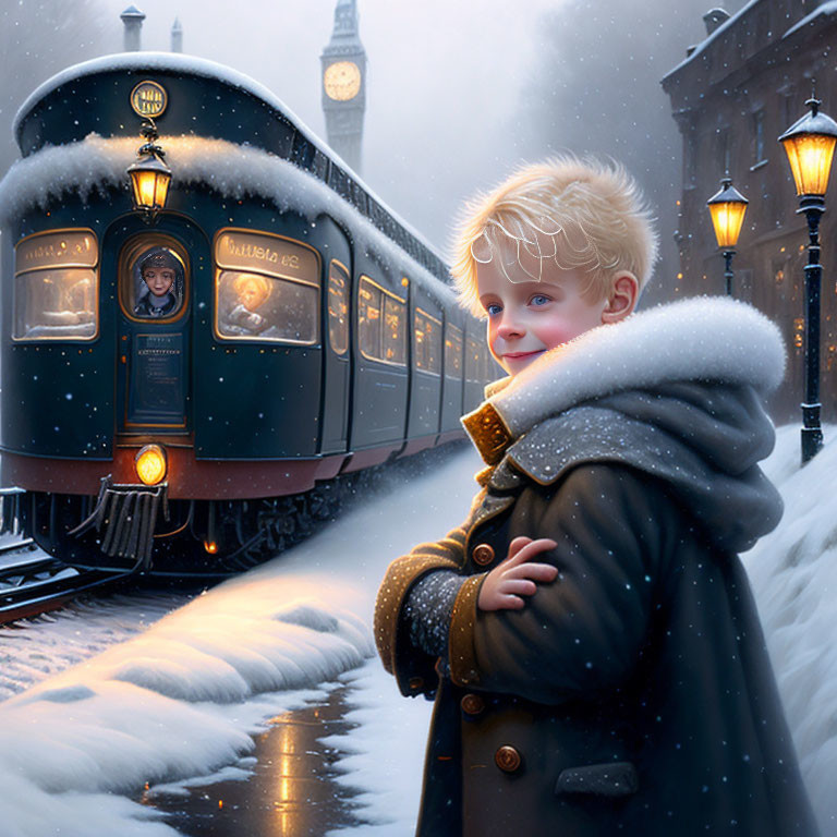 Child in winter coat watching vintage train in snowy evening with Big Ben.