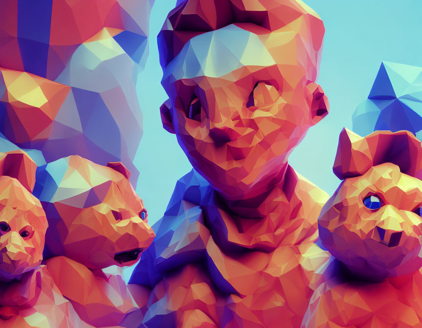 Polygonal Boy Surrounded by Geometric Animals in Blue and Coral Hues
