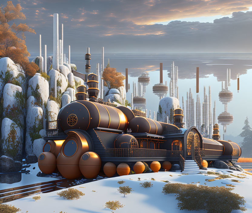 Steampunk-style train in orange and black on snowy landscape with futuristic towers.