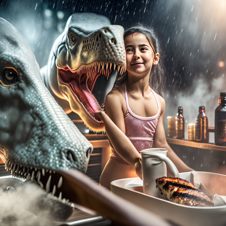 Young girl in fantasy kitchen with dinosaur heads and steaming food.