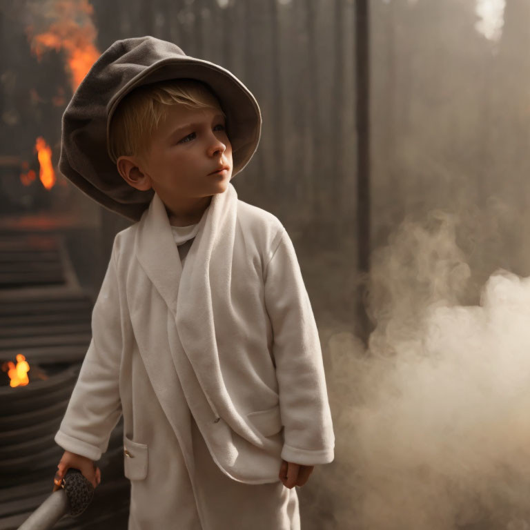 Child in oversized hat and white coat stands in fog with smoldering fire, creating dramatic scene.