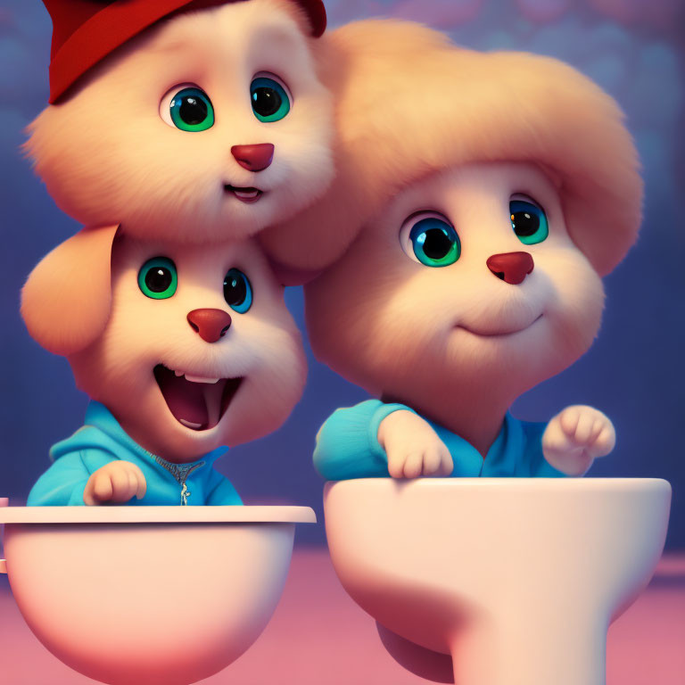 Three animated puppies in blue shirts and fluffy hats on pink background