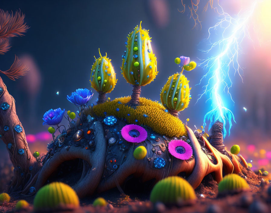 Colorful Alien Flora and Lightning Bolt in Fantasy Landscape