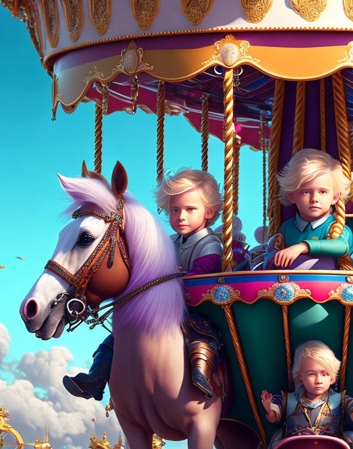 Three identical children on whimsical carousel with realistic horse on blue sky