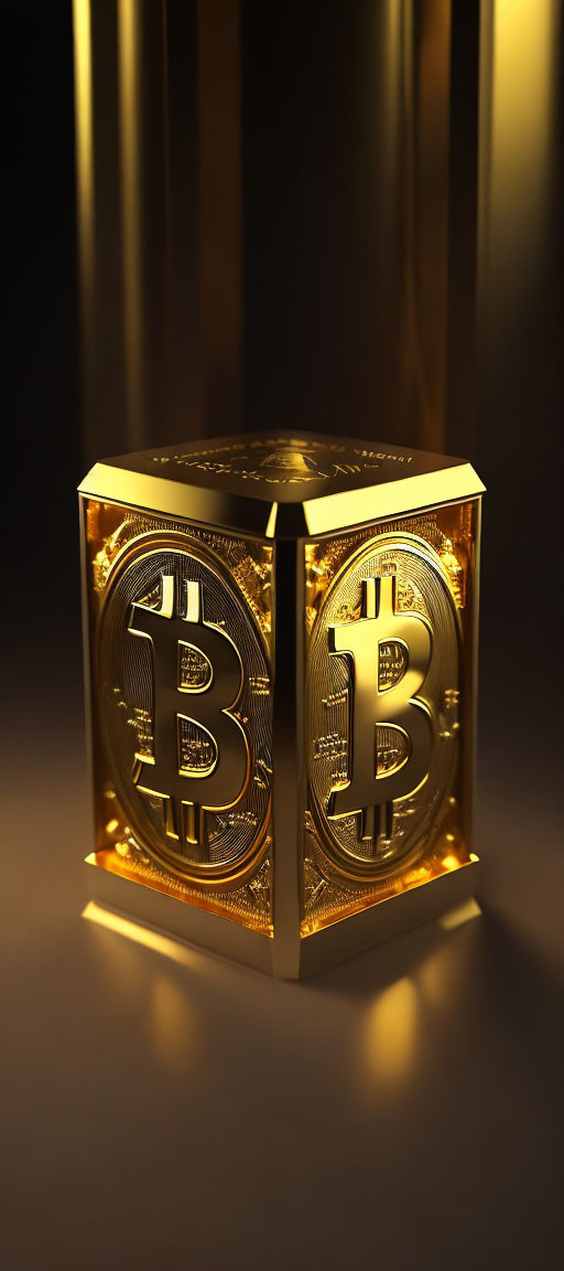 Golden Bitcoin Symbol Engraved Cube on Dark Background