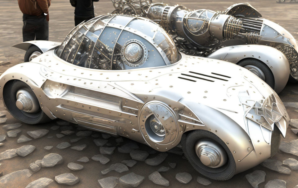 Silver Art Deco Vehicle on Cobblestone with Onlookers