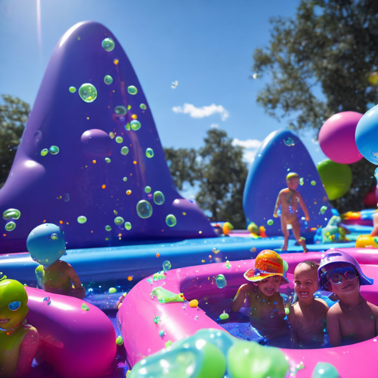 Vibrant Inflatable Water Park for Kids on Sunny Day