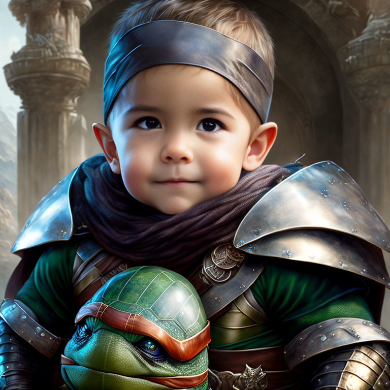 Toddler in fantasy knight armor with turtle in matching gear