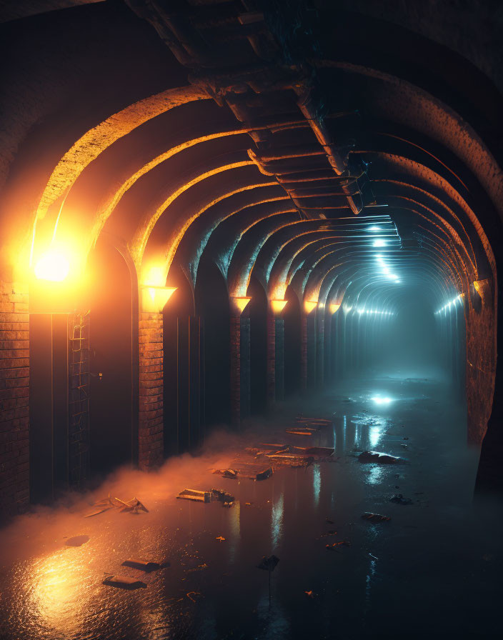 Dark underground tunnel with mist, arches, and glowing lights.