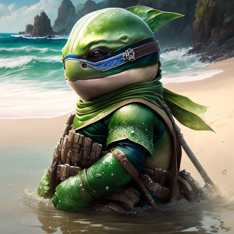 Turtle-like humanoid in blue mask warrior outfit on beach