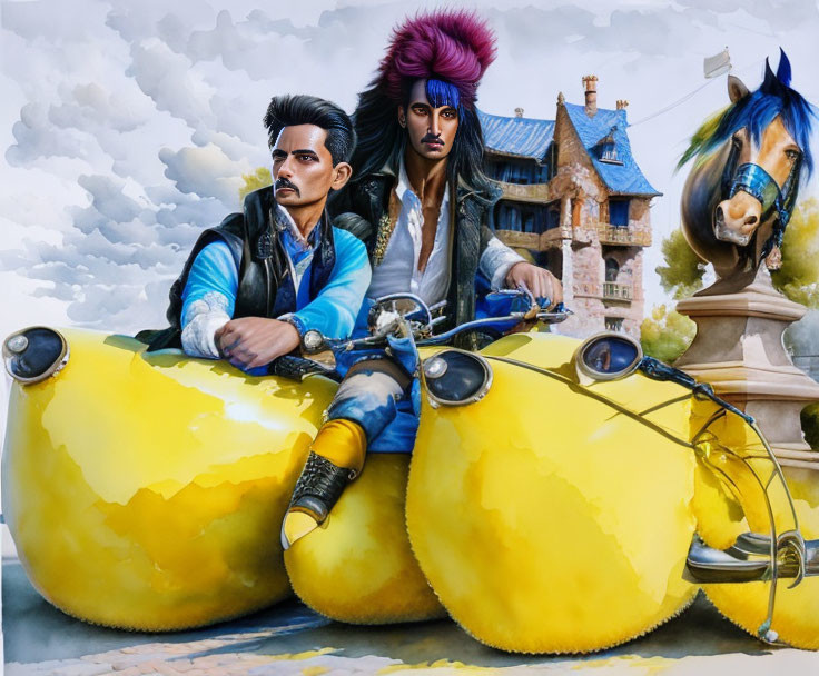 Fantasy characters in stylish attire riding lemon carriage with castle backdrop