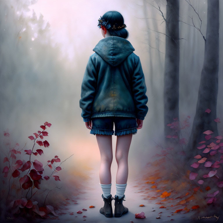 Girl in Blue Jacket with Daisy in Hair Standing in Misty Forest