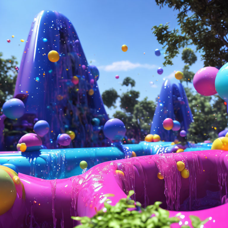 Vibrant surreal landscape with purple goo and bouncing balls under blue sky