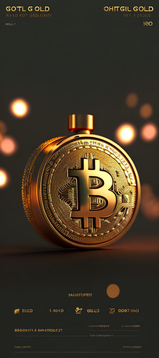 Detailed Vertical Image of Golden Bitcoin Medallion with Bokeh Lights
