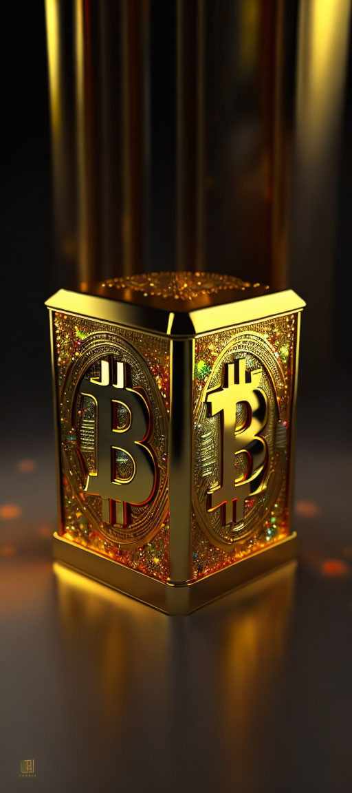 Luxurious Golden Bitcoin Pedestal with Shimmering Coins