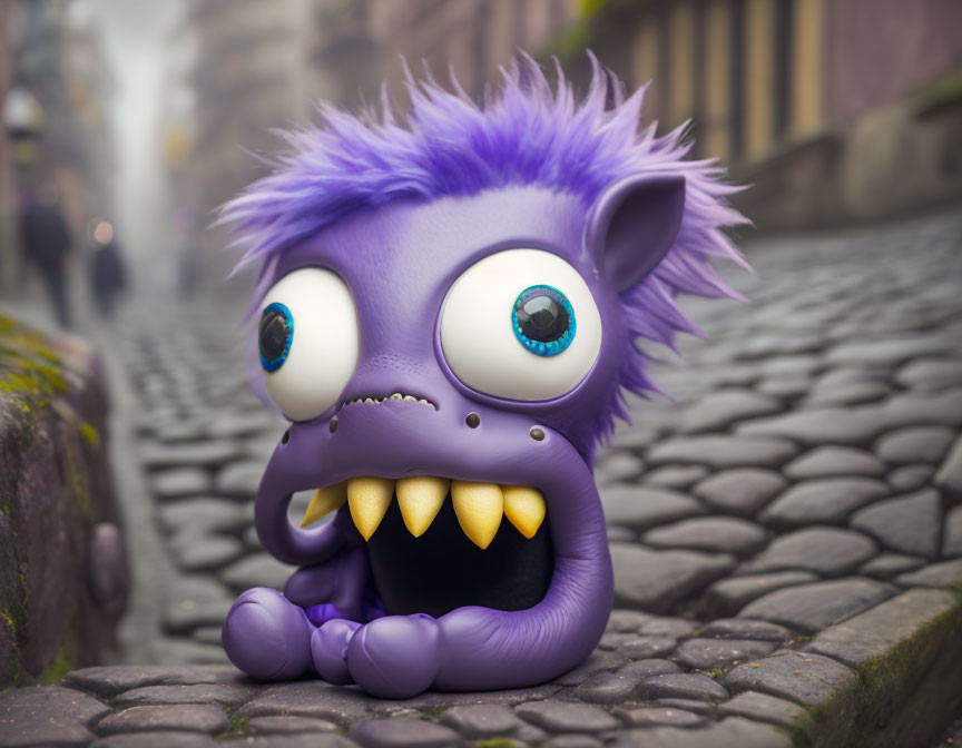 Purple Furry Creature with Large Eyes and Sharp Teeth on Cobblestone Street