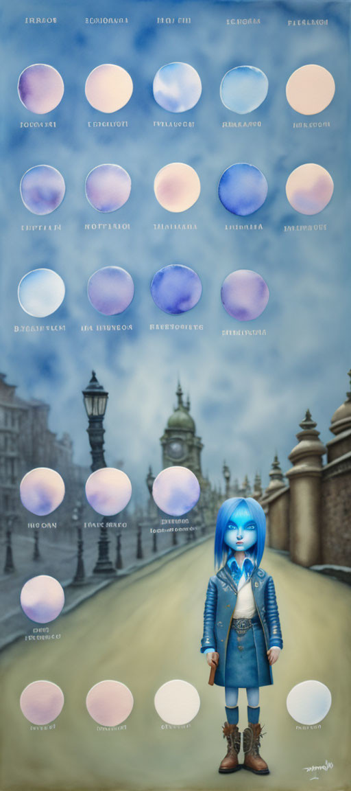 Moon Phases Chart Over Street Scene with Blue-Haired Girl and Cityscape Background