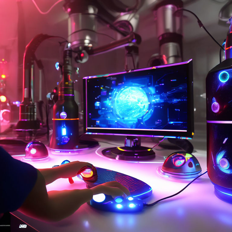Futuristic Gaming Setup with Neon Lights and Holographic Display