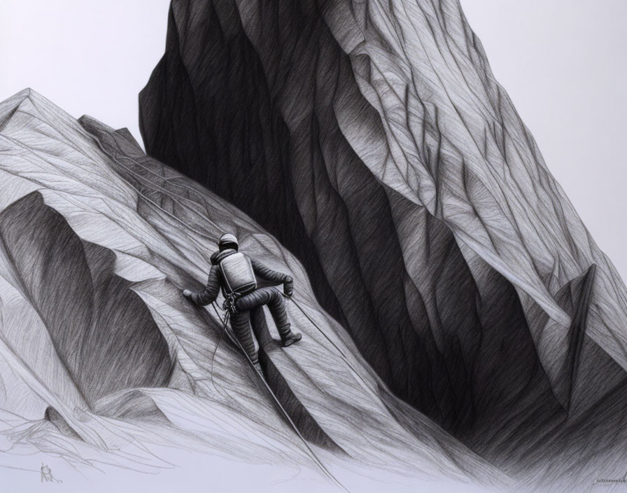Detailed pencil sketch of climber scaling steep rock face with textured cliff.