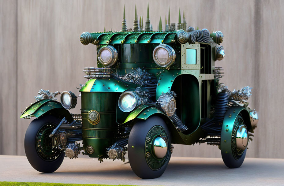 Intricate steampunk-style vehicle with metalwork, spikes, gears, and green accents parked