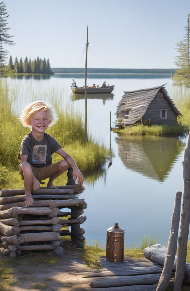 Smiling child on wooden fence by tranquil lake