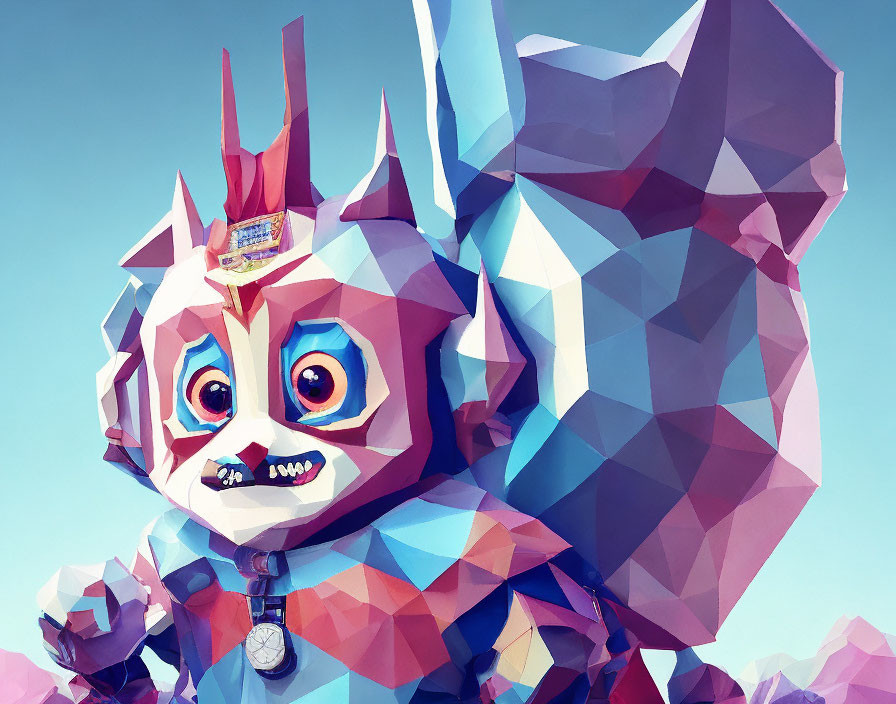 Vibrant low-poly digital art: rabbit creature with crown and locket