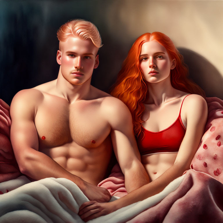 Digital Artwork: Shirtless Man and Woman with Red Hair Under Pink Blanket