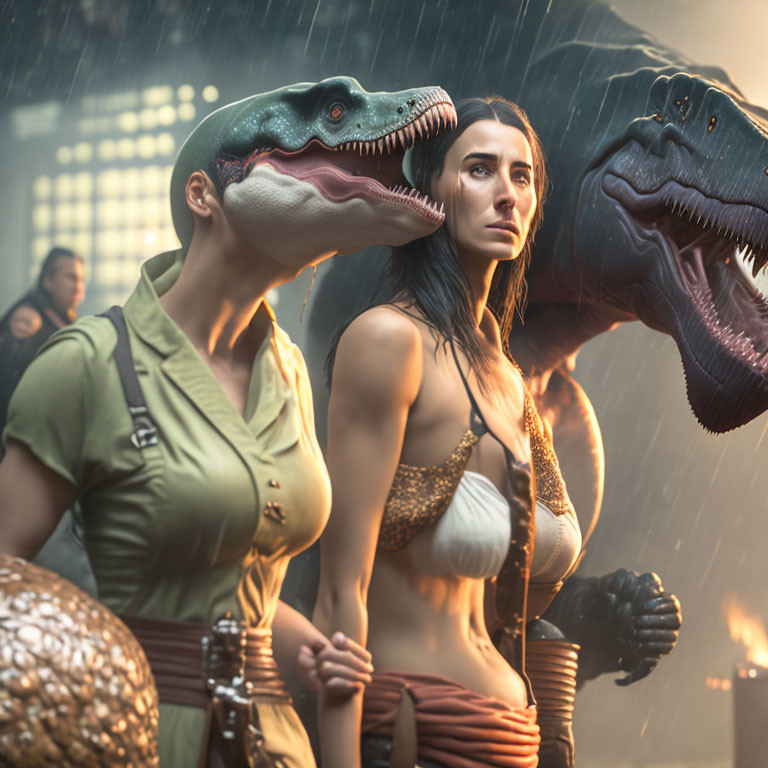 Woman in warrior attire with two dinosaurs in chaotic, fiery scene