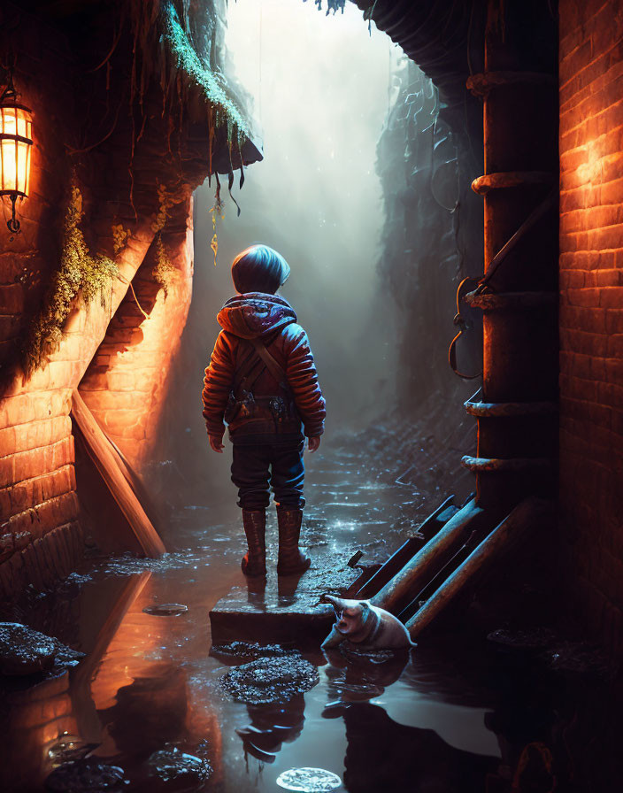 Child with backpack in dimly lit alley with misty glow and small cat.